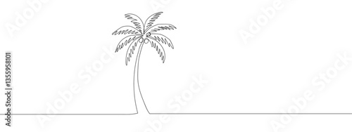 continuous line coconut tree with transparent background editable stroke.