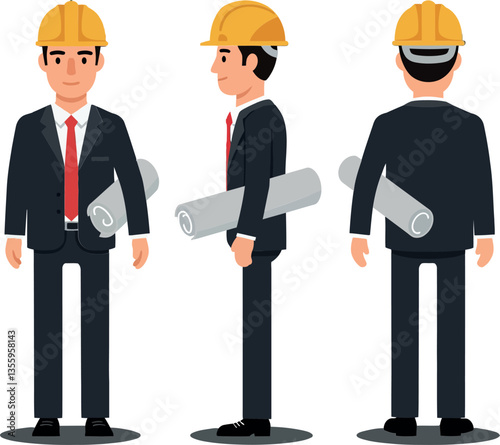 Professional construction worker in three poses wearing a hard hat and formal attire with blueprints, flat vector illustration