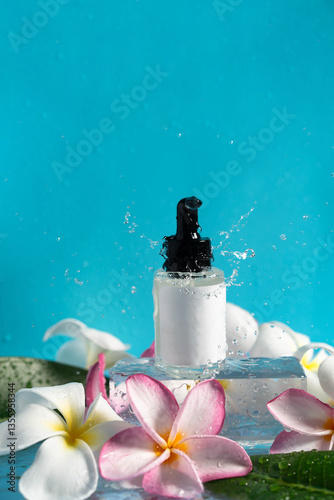 Delicate drops of water splash around a moisturizing serum alongside elegant plumeria blooms.