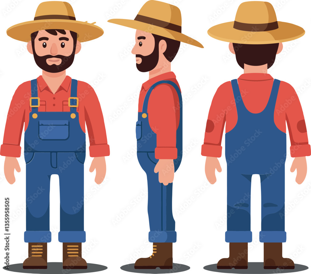 Cheerful farmer character in flat design style showcasing detailed features and three angles in vibrant colors, perfect vector art Cheerful farmer character in flat design style showcasing detailed features and three angles in vibrant colors, perfect vector art