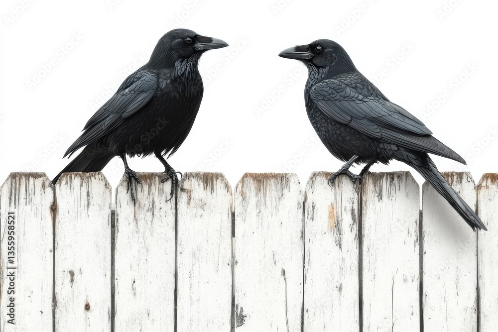 Obraz premium Two black crows perched on a weathered white wooden fence in bright daylight