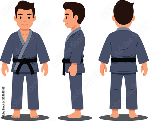 A young male martial artist in a blue gi showcasing different poses in a flat vector illustration style, exuding confidence and determination in his stance and expression.