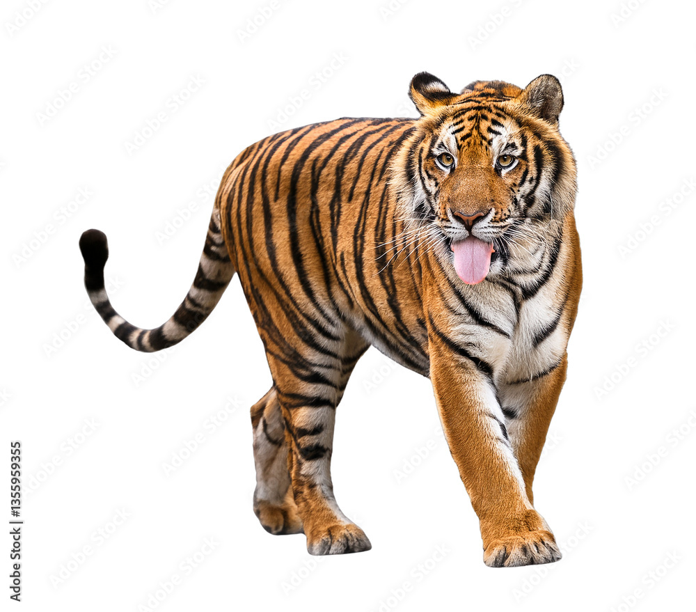 Obraz premium Regal Tiger: A majestic tiger with striking orange and black stripes confidently walks towards the viewer, showcasing its strength and beauty. A visual feast of vibrant colors and dynamic energy.