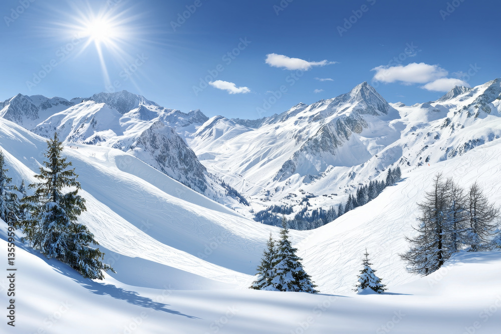 Obraz premium stunning winter landscape featuring snow covered mountains, bright sun, and evergreen trees