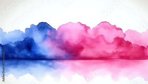 Watercolor depiction of mountainous scenery reflected in still water