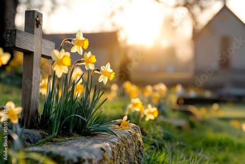 Obraz na płótnie Wooden cross commemorating the deceased with daffodils blooming in spring at sunset near a church w salonie