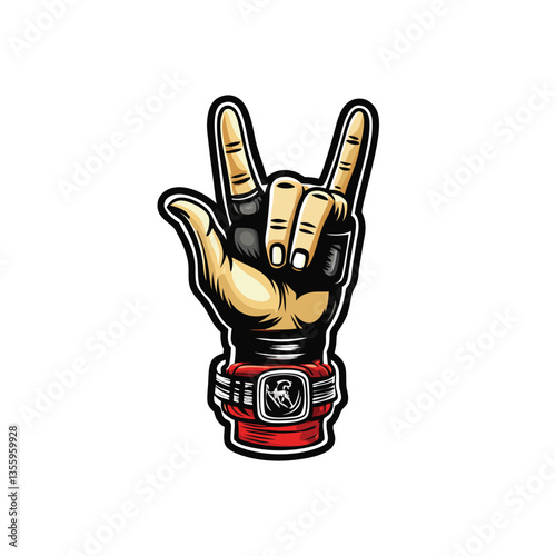 Create a clean vector illustration of a biker's hand forming the "T" hand signal, emphasizing details like knuckles, veins, and wrist.  Style should be bold and graphic.