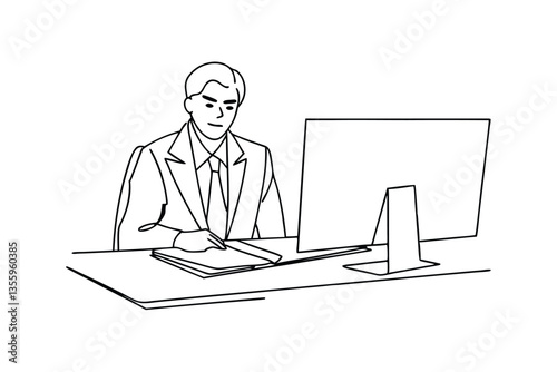 Businessman working at desk, computer, notes, planning, strategy, office, focus, serious, profession