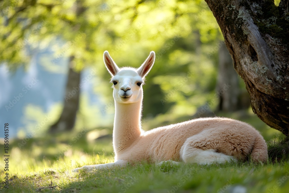 Fototapeta premium White llama lying on grass under tree in forest