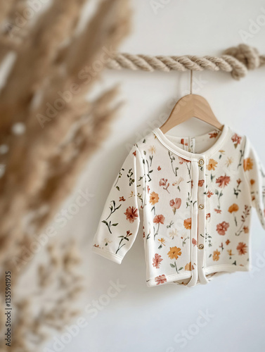 Baby cardigan floral print soft cotton hanging rope warm cozy toddler clothing fall outfit pastel cream gentle nursery outfit comfy child fashion neutral newborn wardrobe handmade textured knit