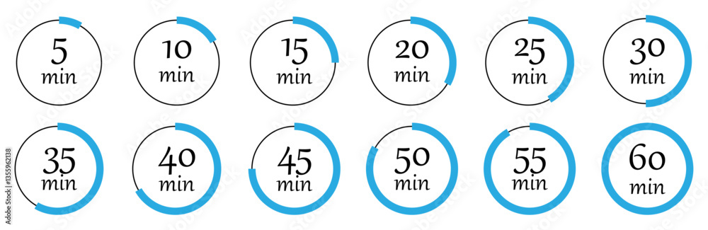 Stopwatch timer set in 5 minute to 60 minute. Set of timers. Stopwatch icons. Countdown 5, 10, 15, 20, 25, 30, 35, 40, 45, 50, 55, 60 minutes. Vector illustration. Stopwatch timer set in 5 minute to 60 minute. Set of timers. Stopwatch icons. Countdown 5, 10, 15, 20, 25, 30, 35, 40, 45, 50, 55, 60 minutes. Vector illustration.