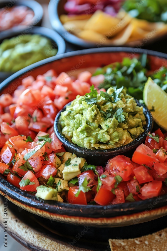 A vibrant taco platter with colorful toppings like diced tomatoes, guacamole, and cilantro A vibrant taco platter with colorful toppings like diced tomatoes, guacamole, and cilantro