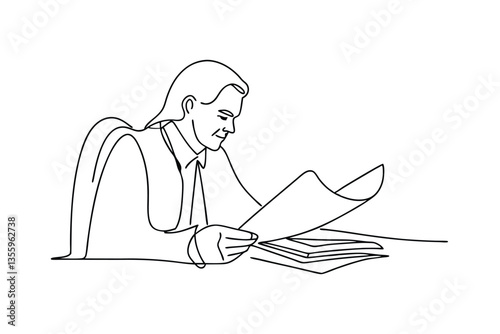 Businessman reviewing documents, single line art, office work, desk job, paperwork