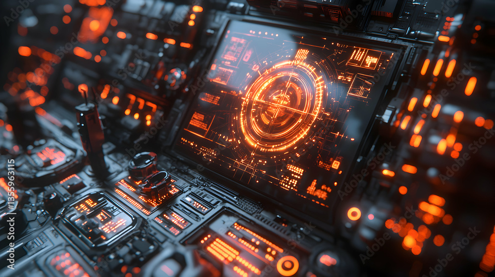 A futuristic cockpit panel with glowing orange lights displays data. It could be used as a background or design element for sci-fi projects or gaming applications.
