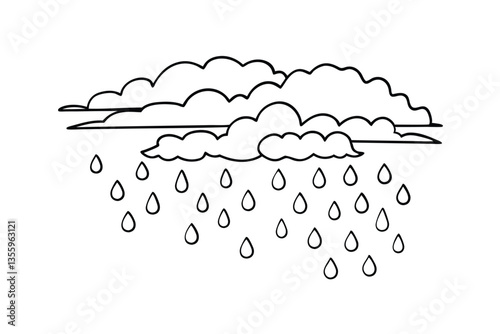 Simple Line Drawing of Rain Clouds and Falling Raindrops