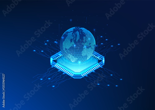 Technology, Microchip, Artificial Intelligence, Microchip with the world on top, represents AI becoming a major driving force of the world, allowing businesses and communication to develop rapidly.