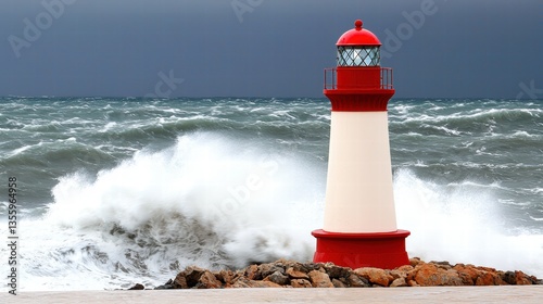 Lighthouse on rocky coast against a stormy sea with large waves. Dramatic cloudscape