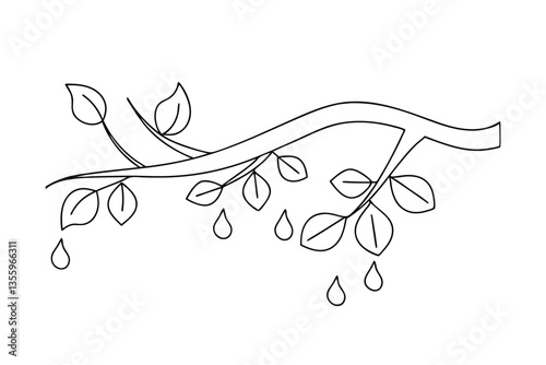Simple Line Drawing of Branch with Dewdrops and Leaves