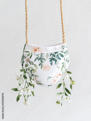 clipart gender reveal card Leafy floral baby bloomers white hanging rope botanical cotton infant clothing babywear gender reveal nursery soft illustration pastel baby shower decoration party advert