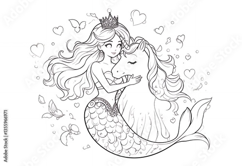 Mermaid Hugging Unicorn Coloring Page Fantasy Illustration for Creative Projects