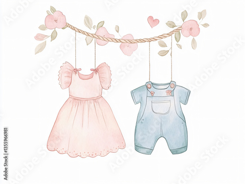 clipart card Watercolor pink dress blue overalls hanging floral garland gender reveal babywear nursery decor infant outfit delicate soft pastel botanical illustration baby shower girl boy clothing art