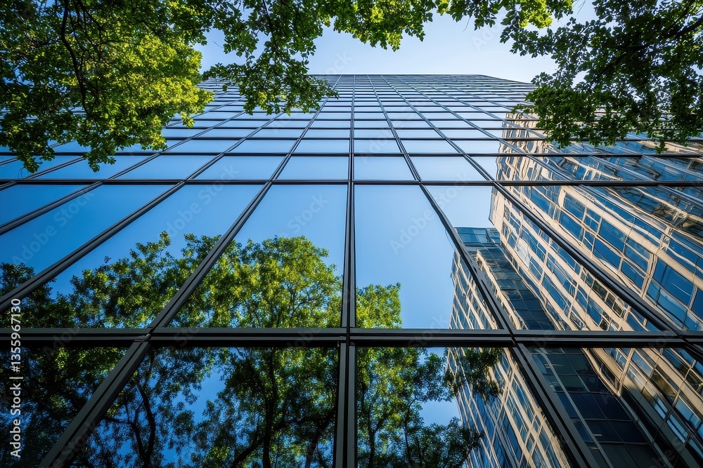 Modern Skyscraper with Lush Trees and Reflection