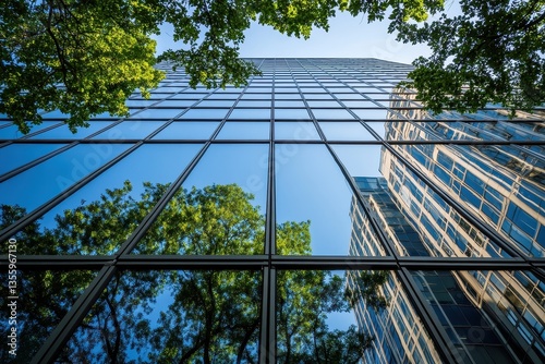 Obraz na płótnie Modern Skyscraper with Lush Trees and Reflection w salonie