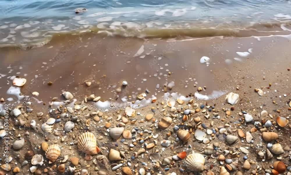 Grainy, coarse sand on a beach, with tiny shells and pebbles scattered Grainy, coarse sand on a beach, with tiny shells and pebbles scattered