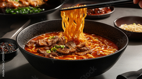 Authentic Taiwanese Beef Noodle Soup Displaying A Rich Broth And Tender Beef Slices Composition photo
