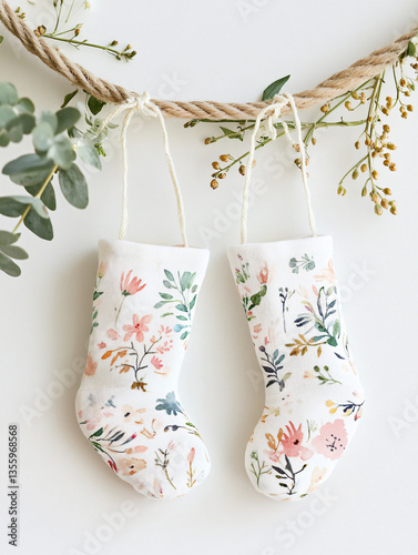 gender reveal card Floral pastel baby socks hanging leafy branch watercolor soft cotton newborn infant footwear botanical decoration girl outfit gentle nursery illustration pink white green leaves