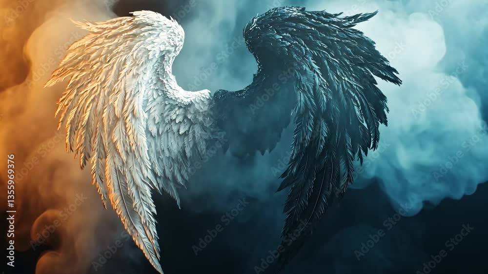 Abstract wings of light and dark, contrasting colors. Dramatic. Use for spiritual themes, design, or backdrop