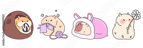 Cute kawaii hamsters set isolated on white background. Vector cartoon illustration of funny rodent animals eating seed in house, knitting, sleeping, holding flower, adorable little pet, zoo mascot
