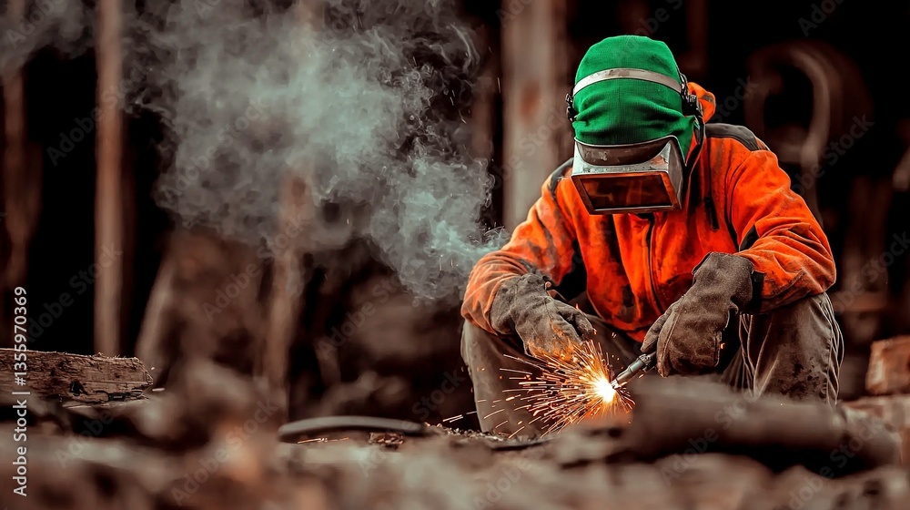 Worker welds metal outdoors Worker welds metal outdoors