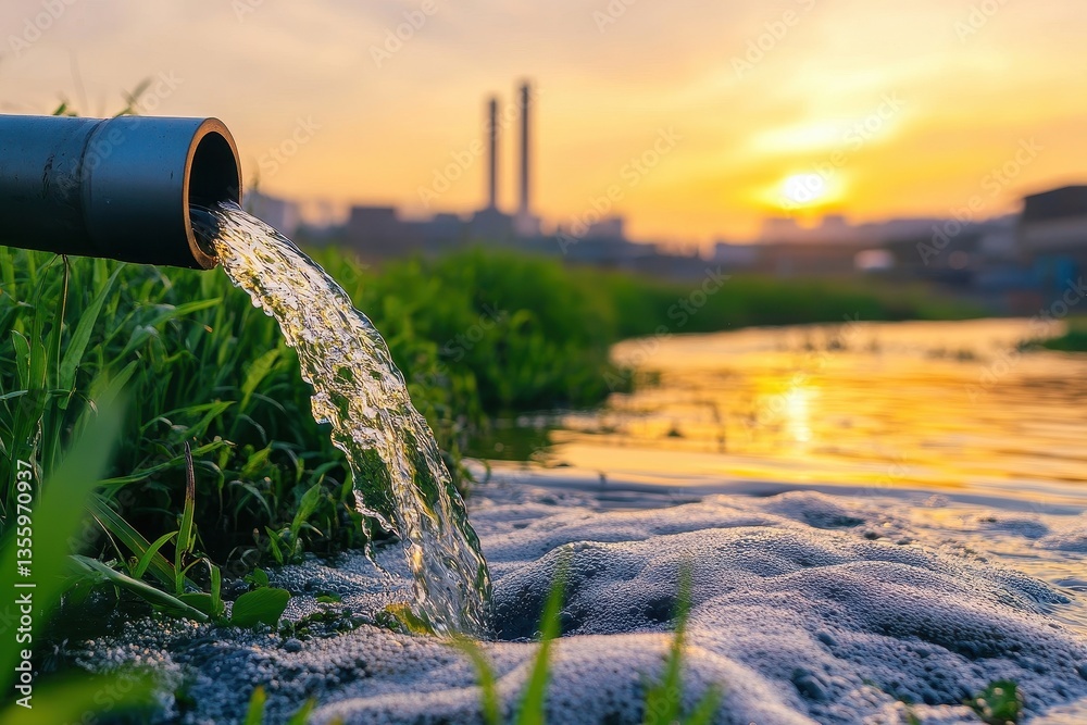 Industrial Waste Discharge into River at Sunset