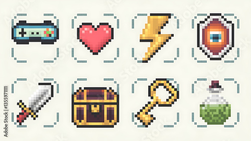 Pixel art game icons: heart lightning sword treasure key potion eye