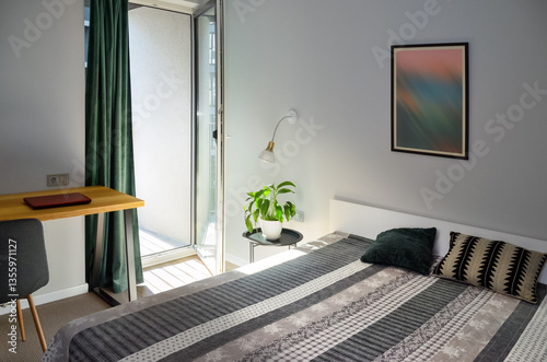 Scandinavian interior style modern bedroom in white and grey colors, minimalist furniture in bedroom area