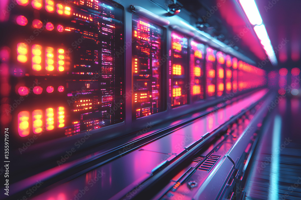 A futuristic data center hallway bathed in vibrant neon light. Ideal for sci-fi game environments or tech-themed digital art. Explore the future with colorful displays. A futuristic data center hallway bathed in vibrant neon light. Ideal for sci-fi game environments or tech-themed digital art. Explore the future with colorful displays.