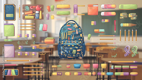 Back to school supplies colorful backpack classroom items digital illustration