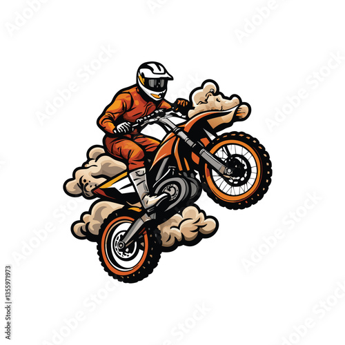 Create a vector illustration of a fierce motocross rider mid-air, performing a daring stunt.  Include detailed bike and rider apparel.