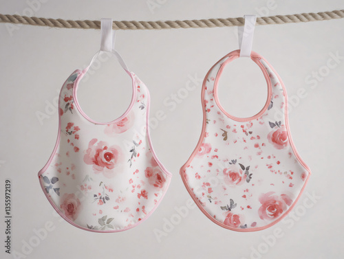 Hanging baby bibs floral print pastel pink red rose rope nursery decor infant apparel newborn girl accessory delicate vintage soft design cute feminine minimalist feeding clothing illustration