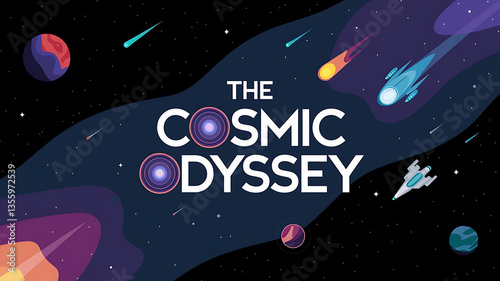 Cosmic odyssey title graphic space-themed with stylized planets and ships
