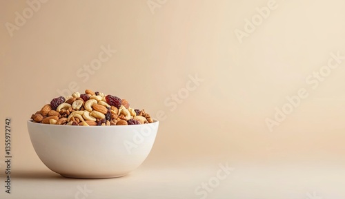 A classy white bowl of mixed nuts and dried fruits on a beige background with copy space, product photography, studio lighting, side view, soft shadows, low contrast, clean sharp focus, light color th