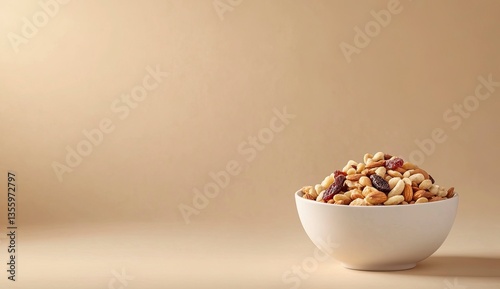 A classy white bowl of mixed nuts and dried fruits on a beige background with copy space, product photography, studio lighting, side view, soft shadows, low contrast, clean sharp focus, light color th