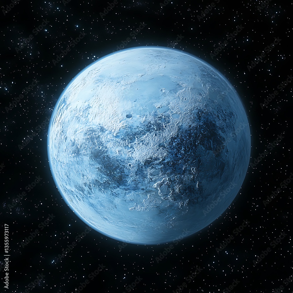 Fototapeta premium A cold extraterrestrial planet surrounded by numerous scattered stars in space