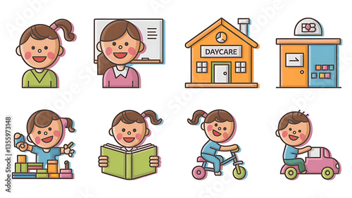 Cute children's daycare activities Colorful flat design vector illustrations