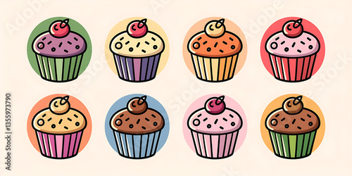 Colorful cupcake icons in a pastel background