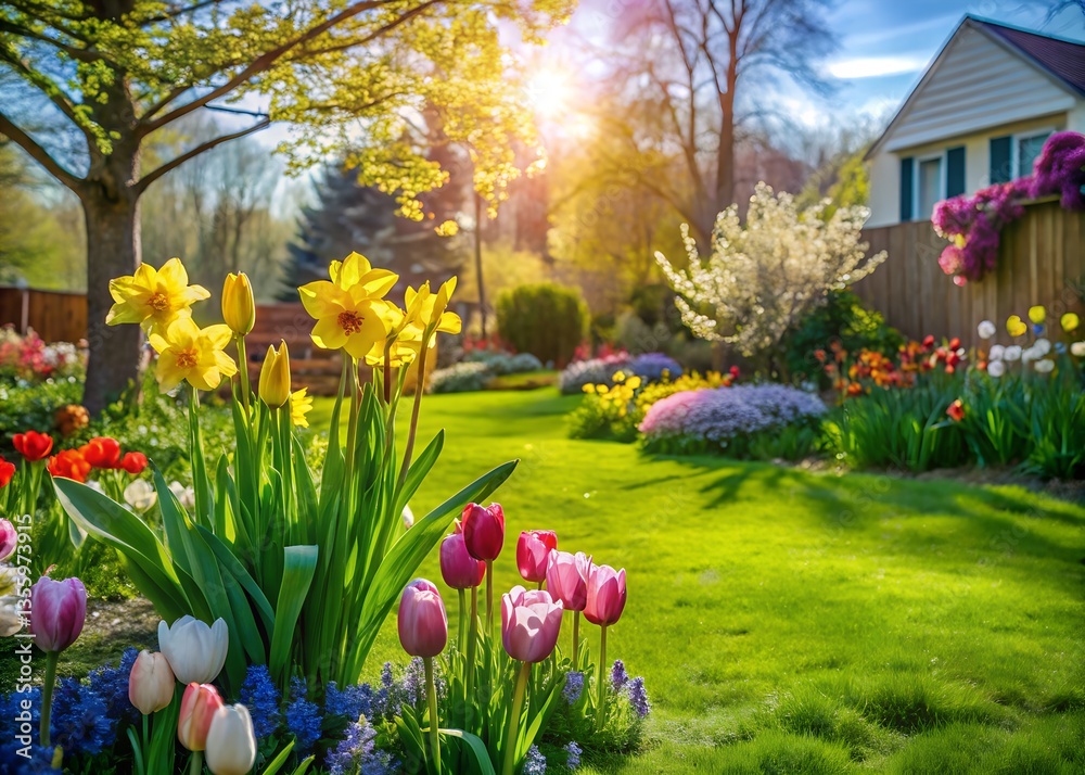 Fototapeta premium A beautiful spring garden filled with colorful flowers and lush greenery under the bright sun