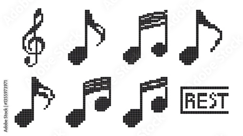Pixelated music notes and a rest symbol Modern graphic design Vector illustration