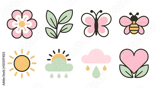 Cute spring icons pastel colors floral nature themes