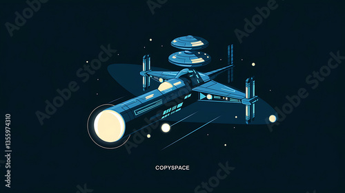 A stylized illustration of a futuristic spaceship in deep space featuring a sleek design and multiple docking stations